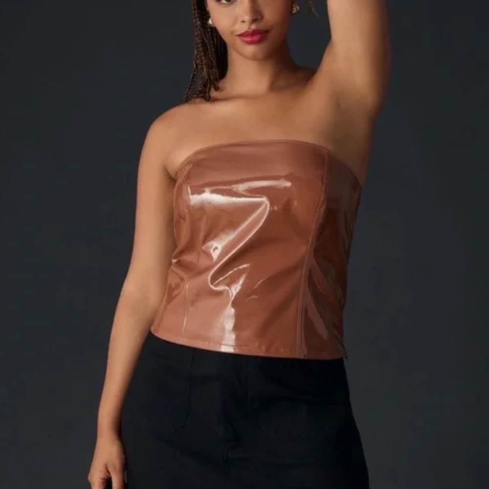 By Anthropologie Brown Faux Leather Smocked Tube Top X Small Petite NWT